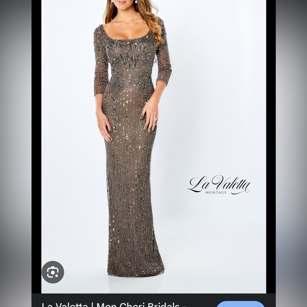 NWT MON CHERI LA VALETTA beaded gown with optional sleeves in lead, size small